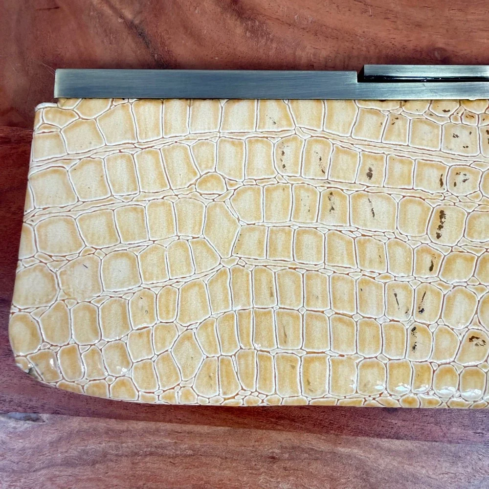 Jessica McClintock Yellow Croc Embossed Clutch Evening Bag w Brass Frame & Chain